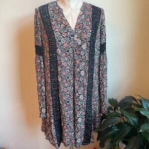 Knox Rose Boho Floral black lace long sleeve dress womens small